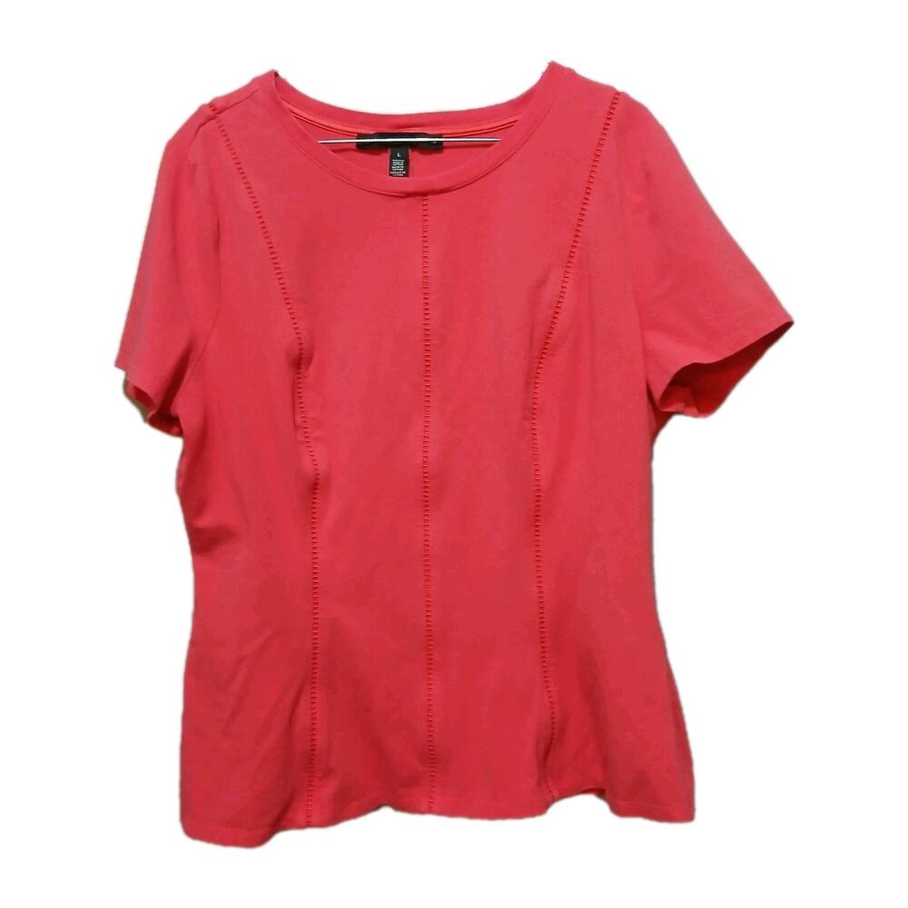 White House Black Market Top Womens Sz L Large Pink Embossed Stripe Short Sleeve
